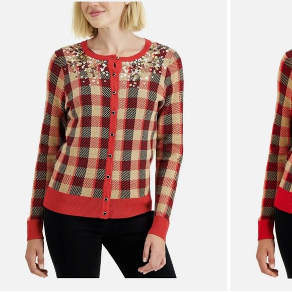 Charter Club Ravishing Red Sequined Plaid Cardigan Sweater - Picture 4 of 14